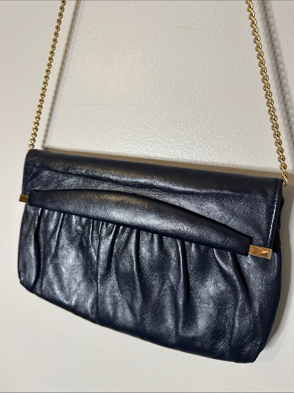 Navy Vintage Leather Envelope Style Purse With Snap Closure and Gold Chain Strap